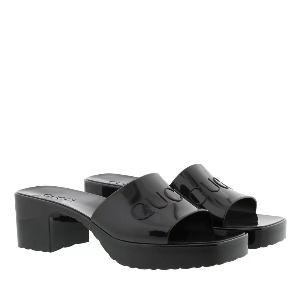 Gucci Logo Embossed Mid-Heel Rubber Sandals Black EU41 624730